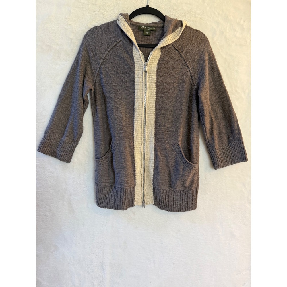 Eddie Bauer Women M Gray Cotton Full Zip Hooded Sweater 3/4 Sleeve 22103092